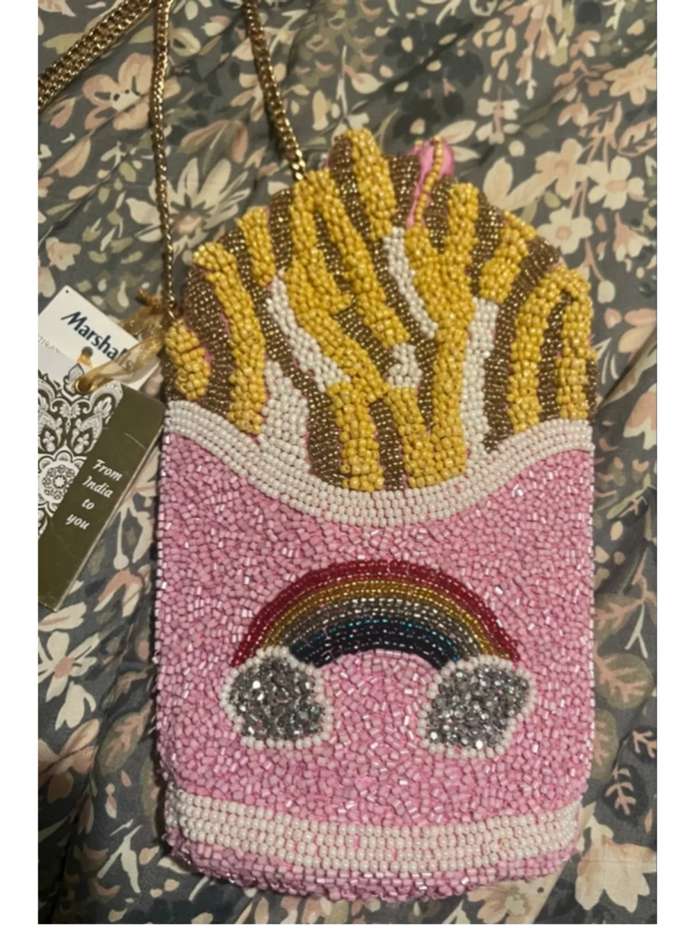 Women's Unbranded Pink Yellow Beaded French Fry Crossbody Bag One Size